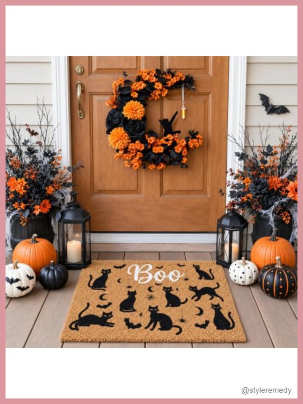2 Pc Halloween Black Cat Doormat & Wreath Set Front Door Coir